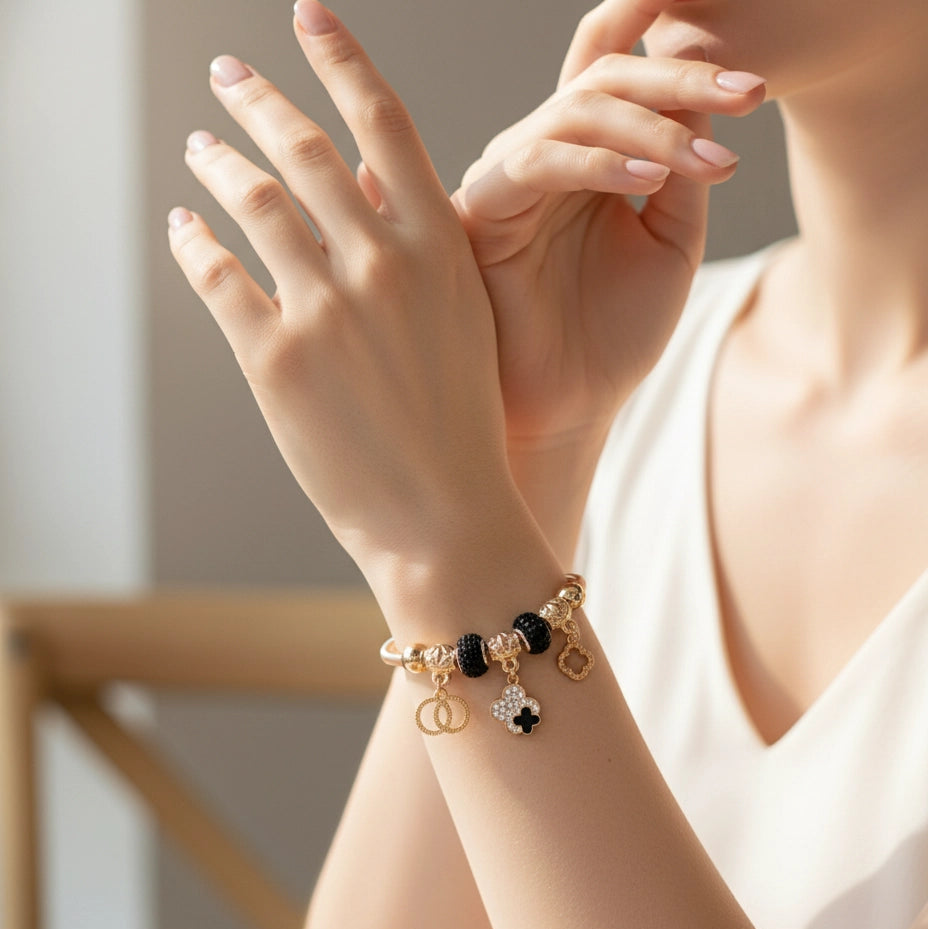 Luxury Look Clover Charm Bracelet - Black Pave Bangle