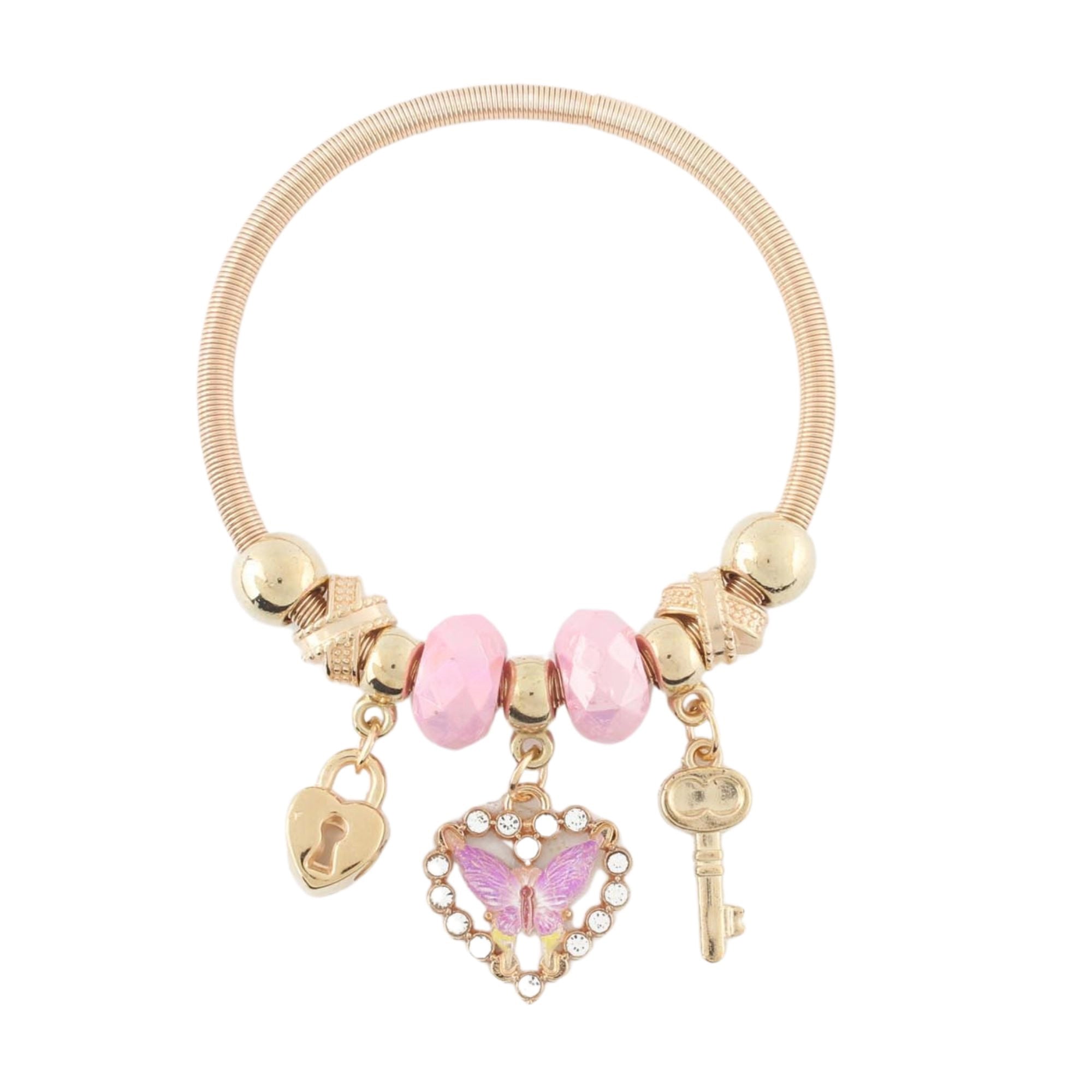 Your Secret Garden Charm Bracelet - Lock, Key, and Pink Butterfly