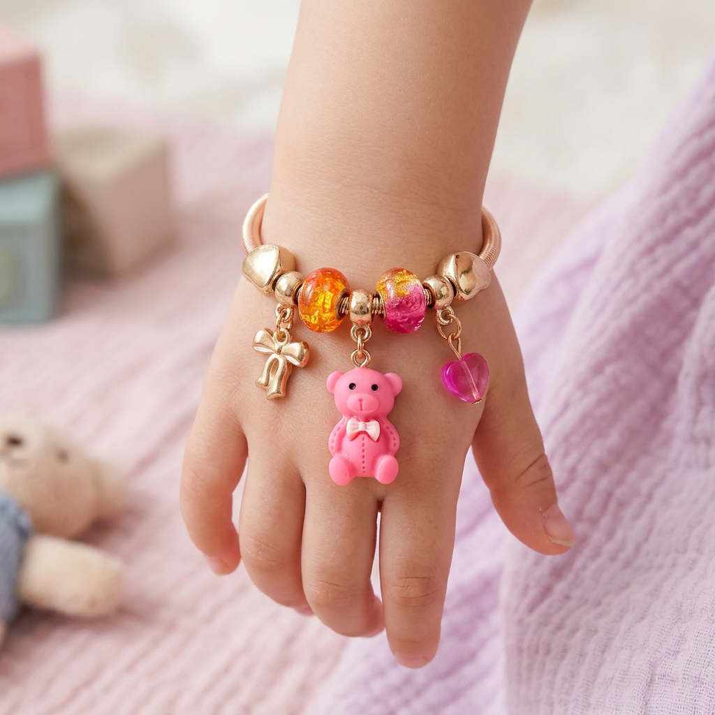 Kids Teddy Bear & Heart Charm Pandora-Style Snake Chain Bangle Bracelet – Multi-Color 12-pcs (CB2440)