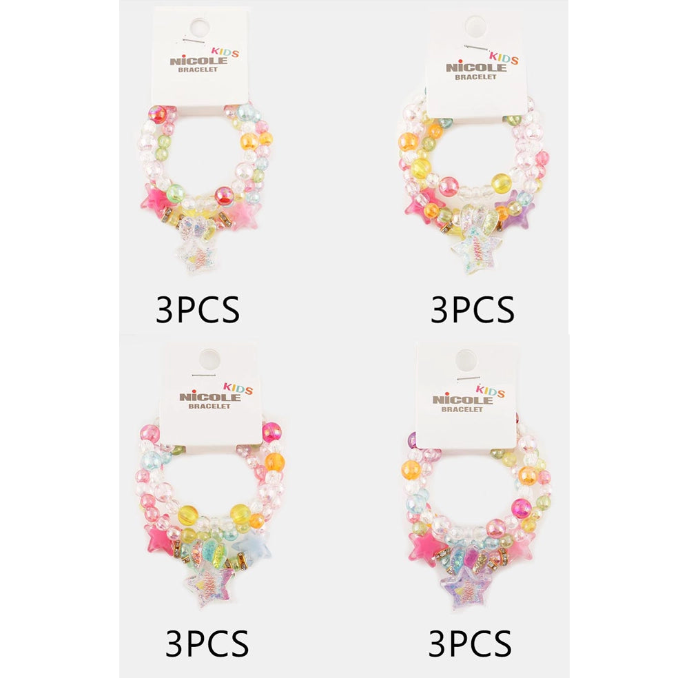 3-Piece Beaded Bracelet Set – Colorful Star Charm Stretch Bracelets for Girls, Iridescent Glitter Jewelry, Pastel Rainbow Beads (CB2461)