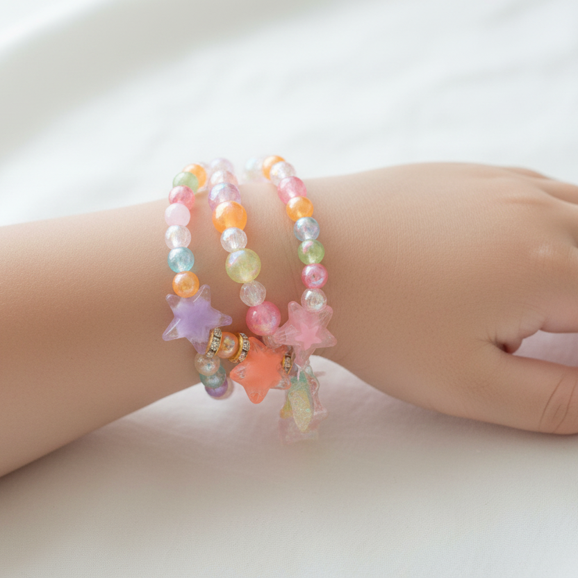 3-Piece Beaded Bracelet Set – Colorful Star Charm Stretch Bracelets for Girls, Iridescent Glitter Jewelry, Pastel Rainbow Beads (CB2461)