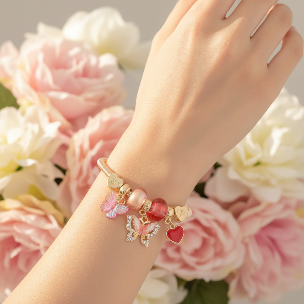 Butterfly & Heart Charm Elastic Bangle Bracelet (CB2477)