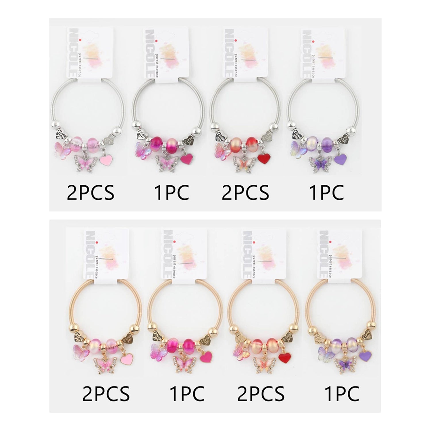 Butterfly & Heart Charm Elastic Bangle Bracelet (CB2477)