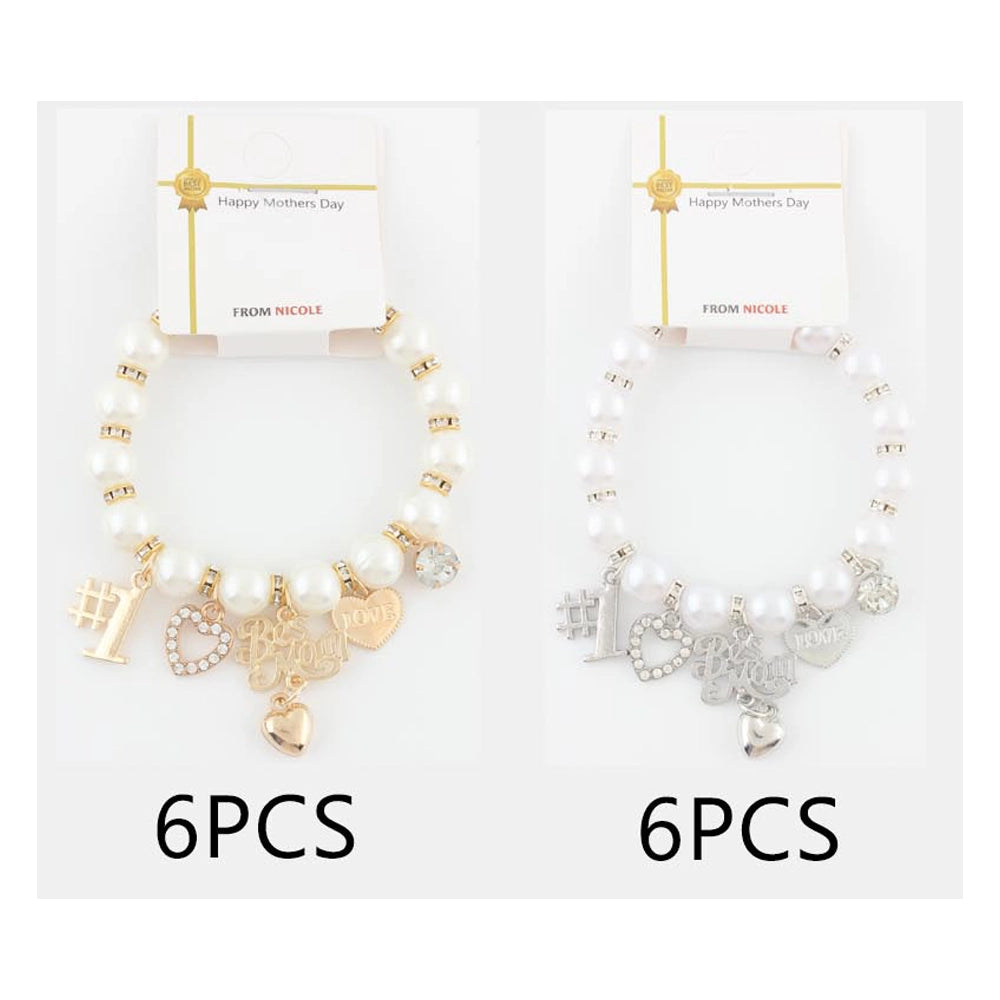 Elegant Faux Pearl Stretch Bracelet with "Best Mom" & "Love" Charms - Gold or Silver Tone (CB2506)