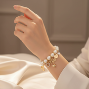 Elegant Faux Pearl Stretch Bracelet with "Best Mom" & "Love" Charms - Gold or Silver Tone (CB2506)