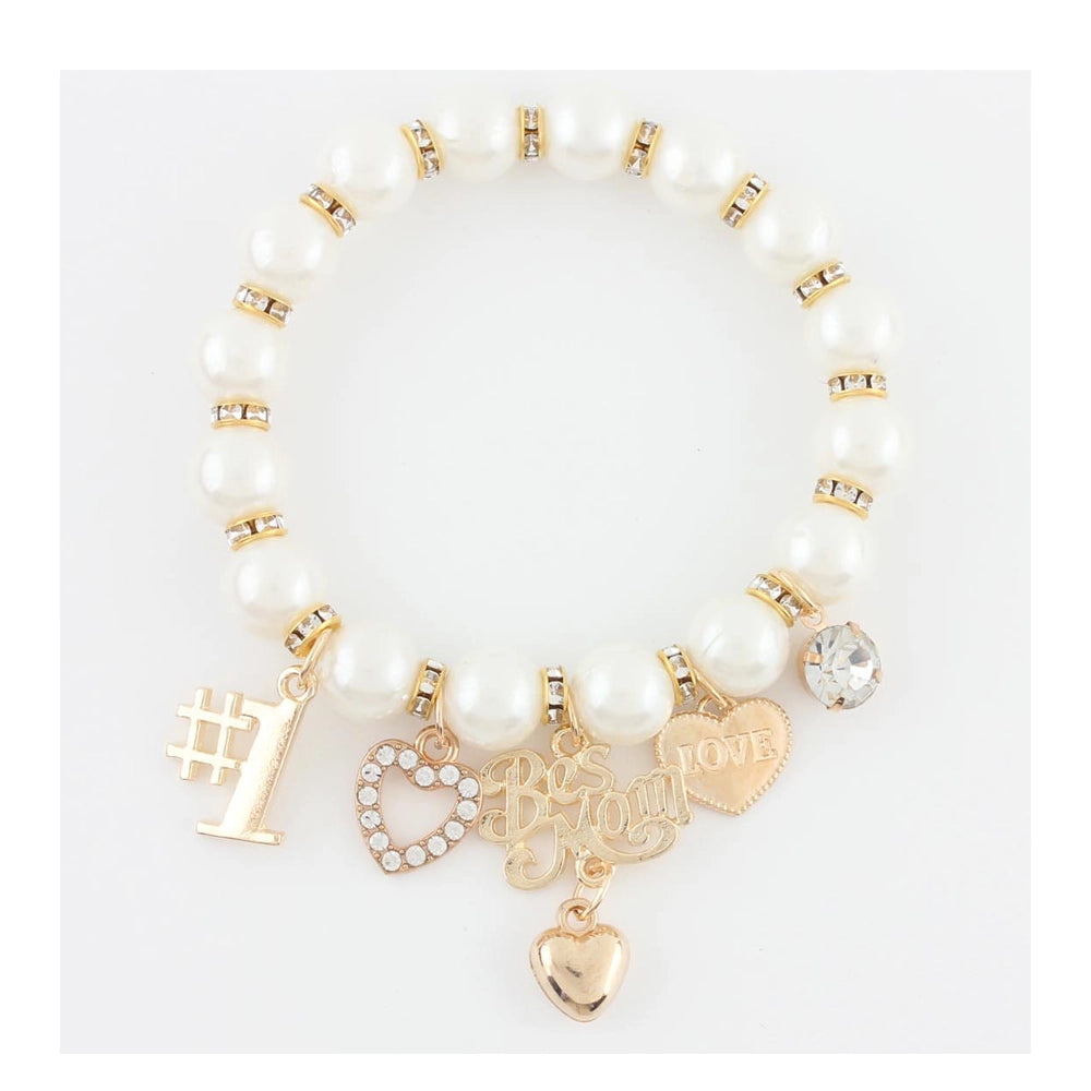 Elegant Faux Pearl Stretch Bracelet with "Best Mom" & "Love" Charms - Gold or Silver Tone (CB2506)