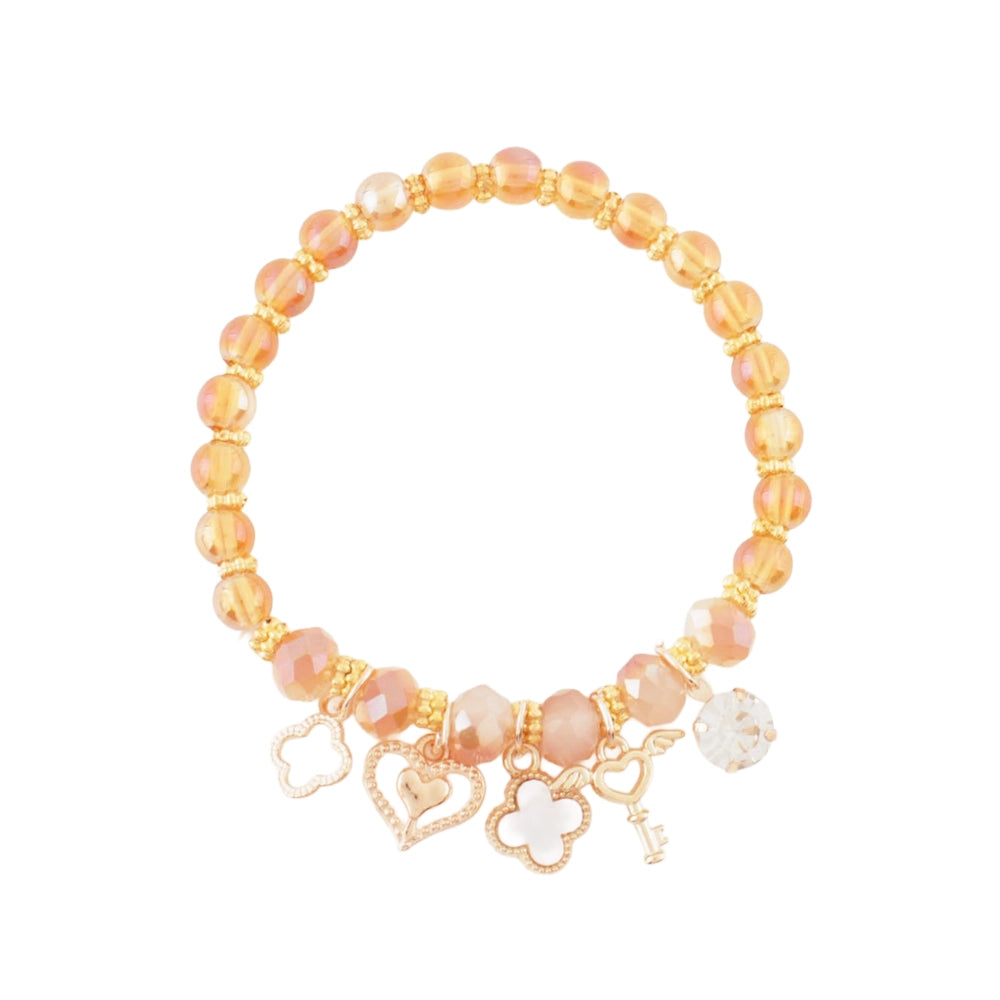 Boho Beaded Charm Bracelet with Heart & Key Charms | Dainty Stackable Stretch Bracelet in 12 Colors