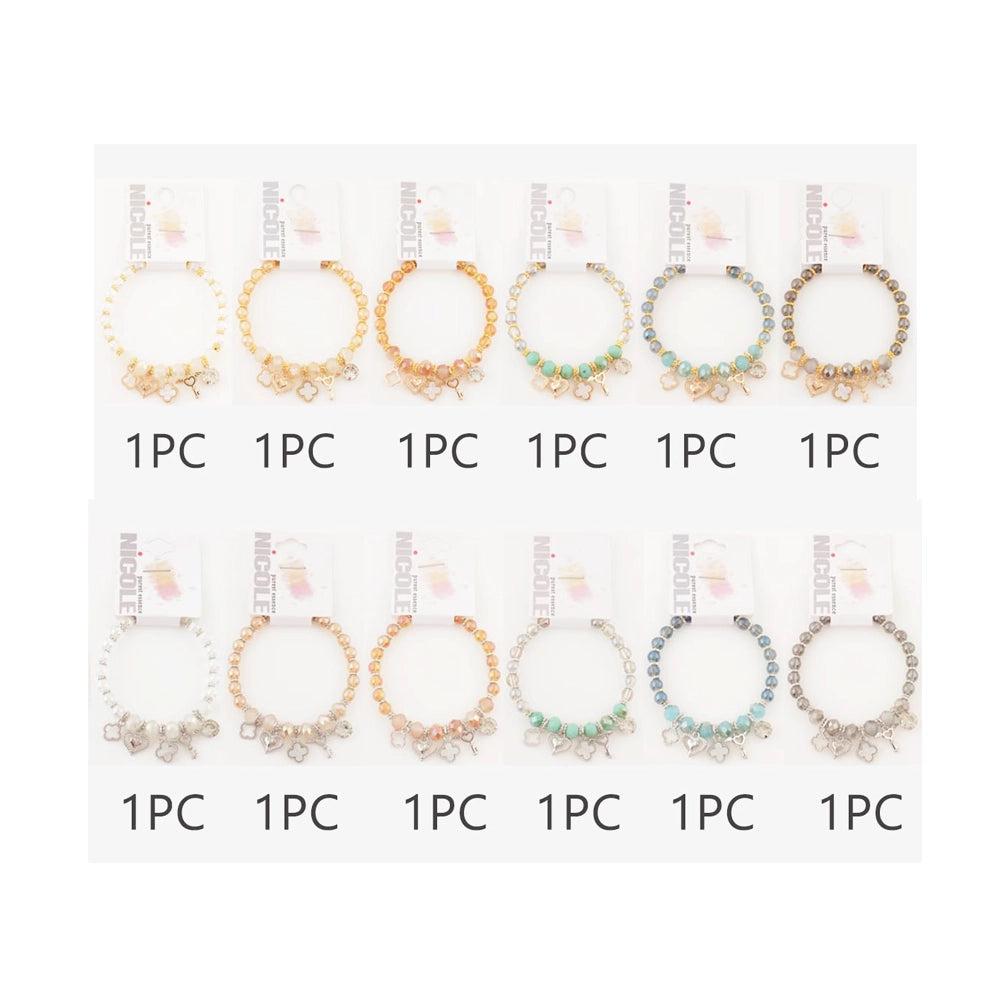 Boho Beaded Charm Bracelet with Heart & Key Charms | Dainty Stackable Stretch Bracelet in 12 Colors