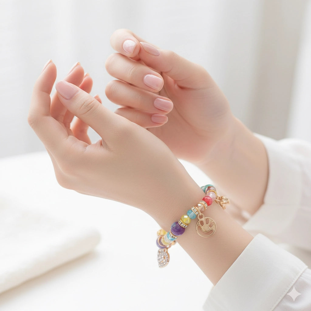 Bohemian Multi-Color Beaded Charm Bracelet – Adjustable Gold-Tone Fashion Jewelry with Heart & Key Accents (CB2578)