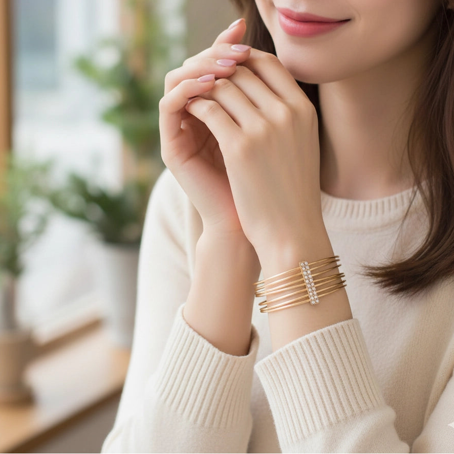 Elegant Multi-Strand Bangle Bracelet Set - Gold & Silver Tone Crystal Bar Cuffs (CB2632)