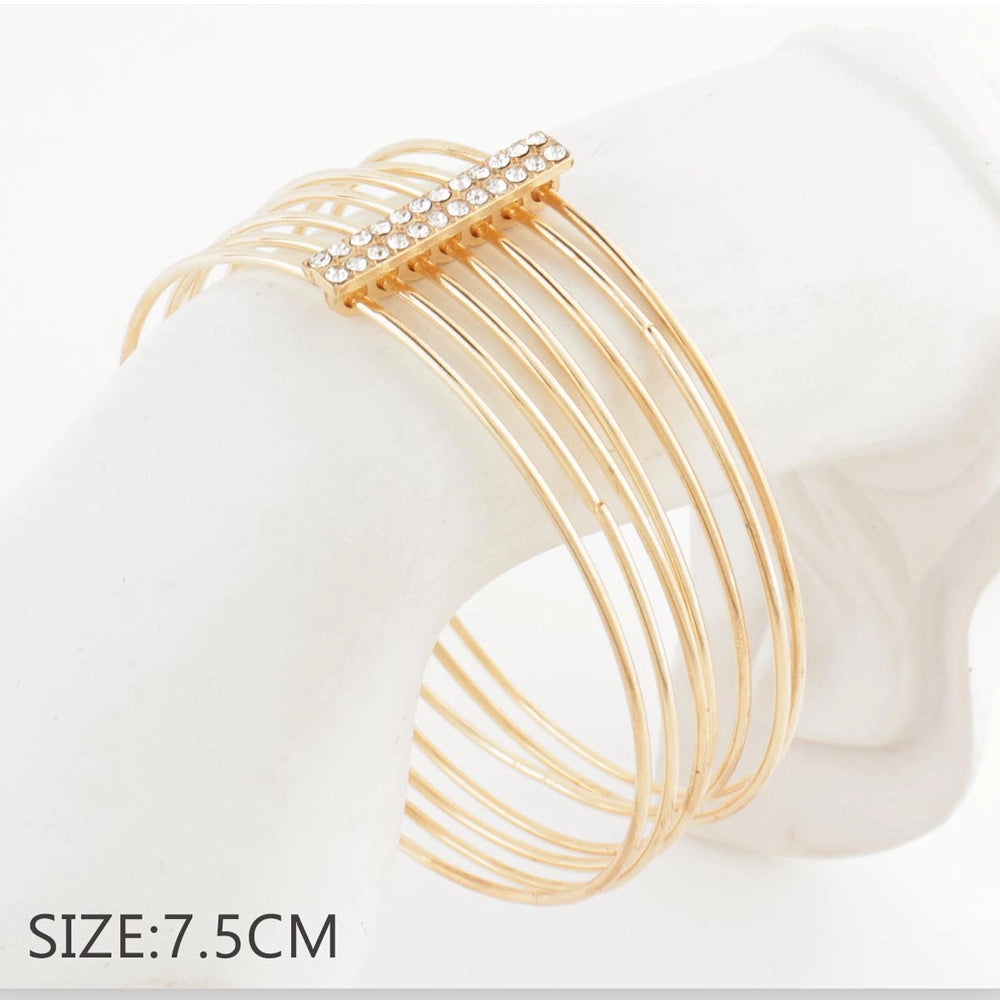 Elegant Multi-Strand Bangle Bracelet Set - Gold & Silver Tone Crystal Bar Cuffs (CB2632)