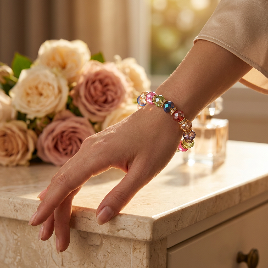 Women’s 12mm Multi-Color Faceted Crystal Bead & Rhinestone Spacer Stretch Bracelet – 12pcs (CB2634MC)