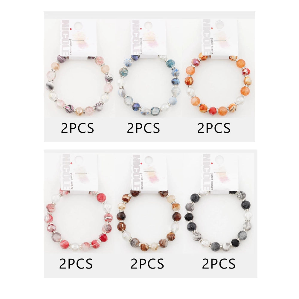 Beaded Stretch Bracelet - Marbled Acrylic & Faceted Crystal Stones with Rhinestone Spacers