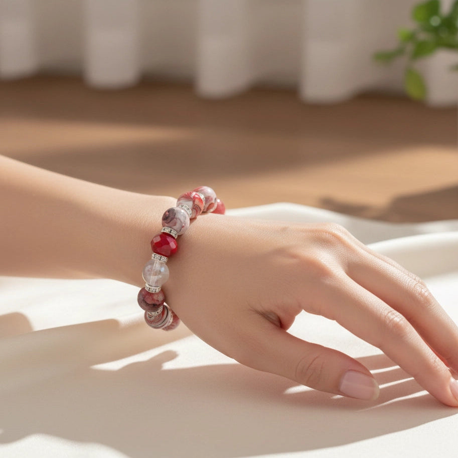 Beaded Stretch Bracelet - Marbled Acrylic & Faceted Crystal Stones with Rhinestone Spacers