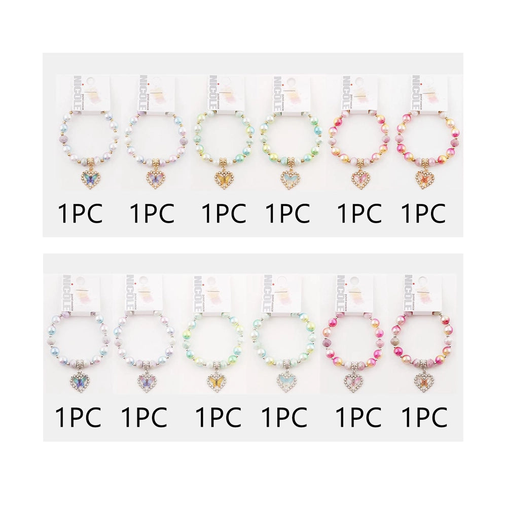Vibrant Beaded Stretch Bracelet with Crystal Butterfly Heart Charm