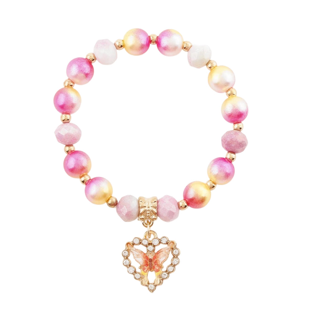 Vibrant Beaded Stretch Bracelet with Crystal Butterfly Heart Charm