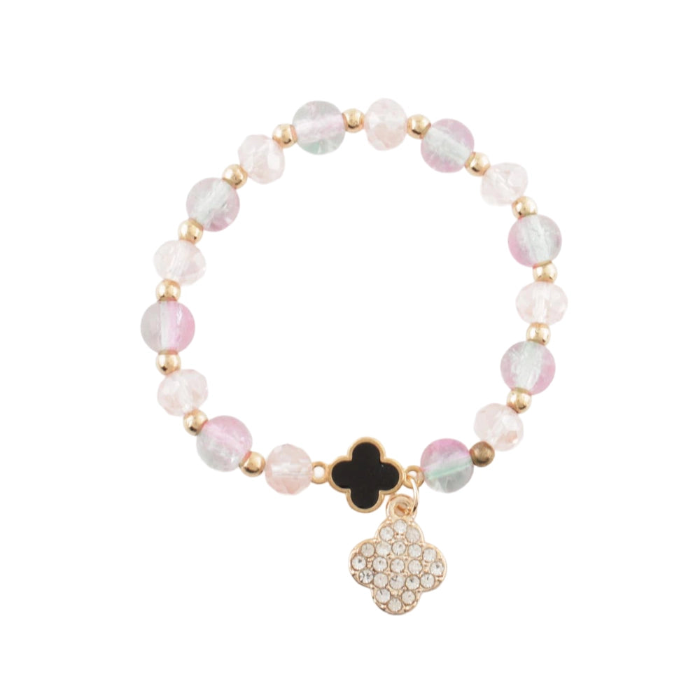 Beaded Clover Charm Bracelet – Iridescent Faceted Glass Beads with Rhinestone Quatrefoil Dangle – Multi-Color Stretch Jewelry (CB2692)