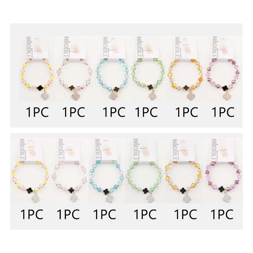 Beaded Clover Charm Bracelet – Iridescent Faceted Glass Beads with Rhinestone Quatrefoil Dangle – Multi-Color Stretch Jewelry (CB2692)