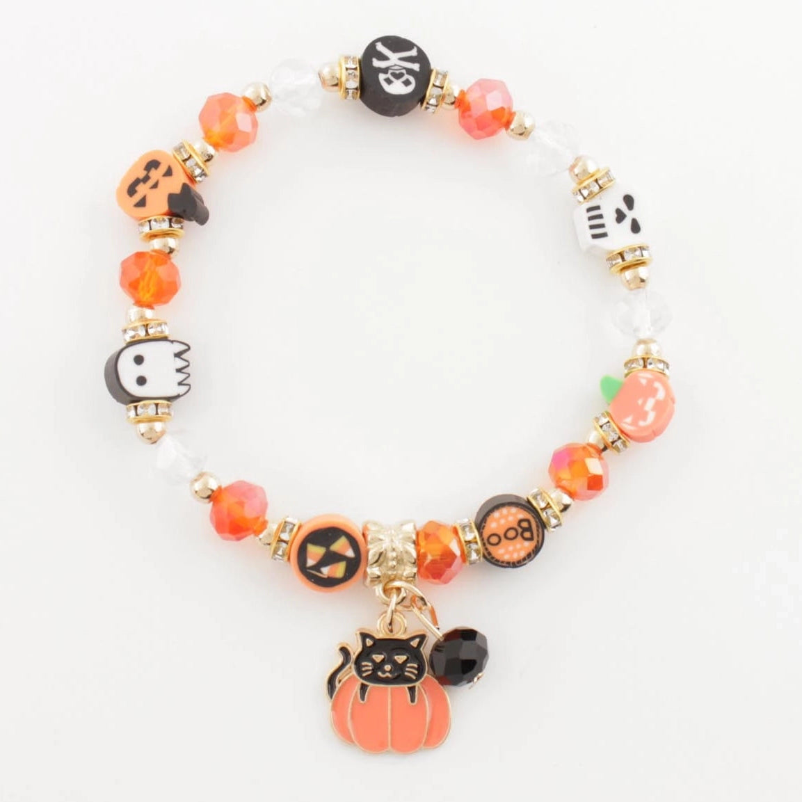 Cute Halloween Beaded Charm Bracelet – Black Cat, Pumpkin, Ghost & Candy Corn Jewelry (CB2694)