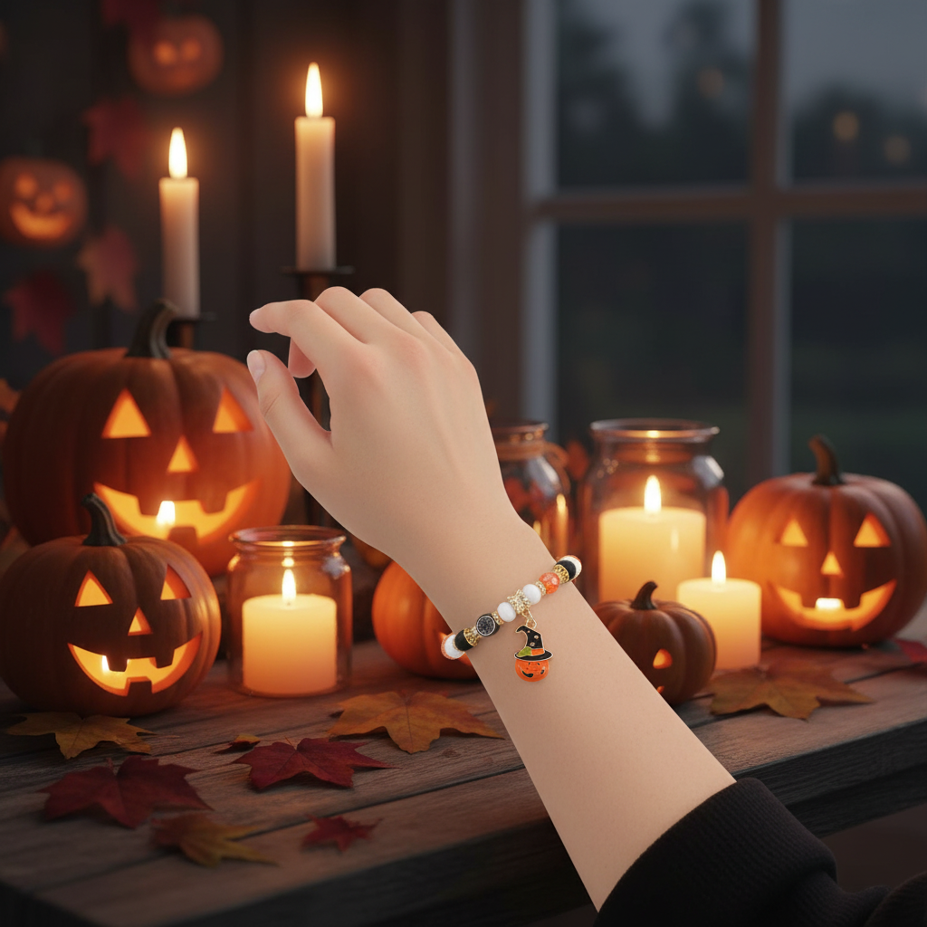 Halloween Beaded Charm Bracelet – Spooky Pumpkin & Witch Hat Enamel Pendant with Orange, Black, and White Rhinestone Beads (CB2697)