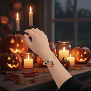 Halloween Beaded Charm Bracelet – Spooky Pumpkin & Witch Hat Enamel Pendant with Orange, Black, and White Rhinestone Beads (CB2697)