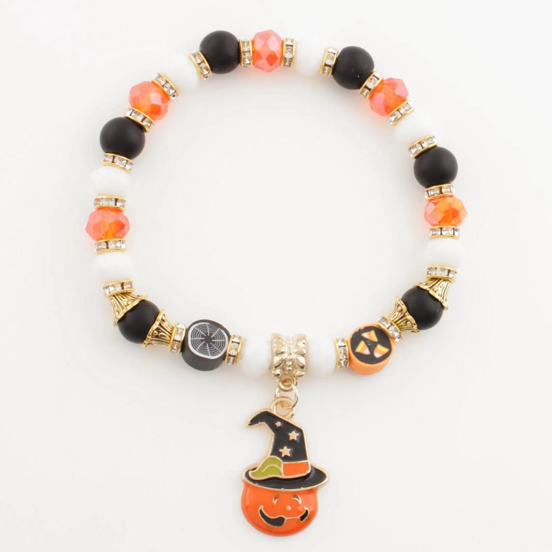 Halloween Beaded Charm Bracelet – Spooky Pumpkin & Witch Hat Enamel Pendant with Orange, Black, and White Rhinestone Beads (CB2697)