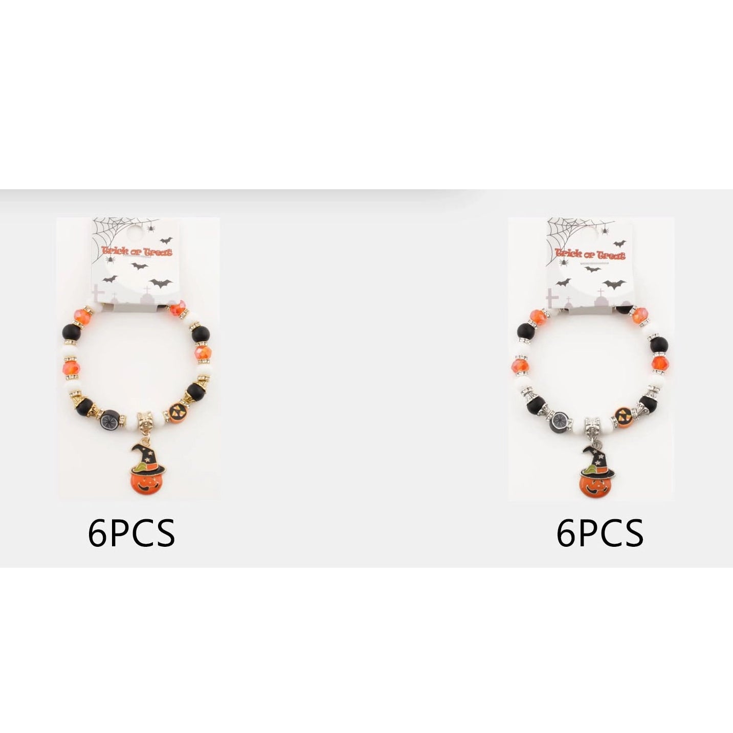Halloween Beaded Charm Bracelet – Spooky Pumpkin & Witch Hat Enamel Pendant with Orange, Black, and White Rhinestone Beads (CB2697)