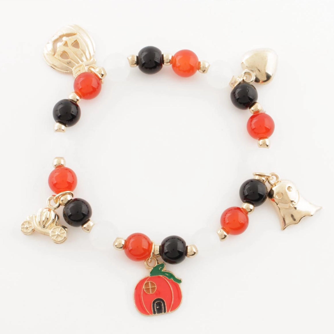 Halloween Beaded Charm Bracelet Wholesale - Pumpkin, Ghost & Carriage Spooky Beaded Stretch Bracelet (CB2706)