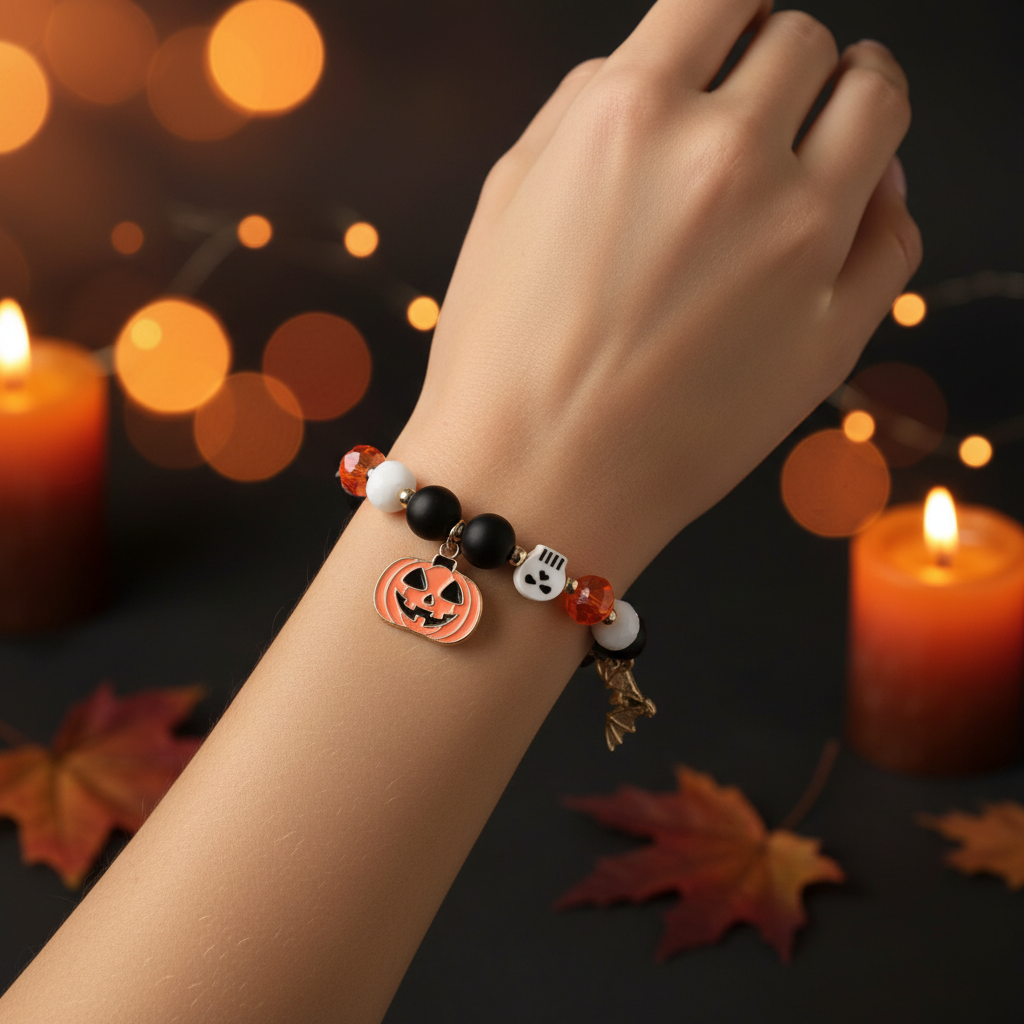 Spooky Halloween Beaded Charm Bracelet – Jack-o'-Lantern, Ghost & Bat Holiday Jewelry (CB2708)