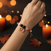 Spooky Halloween Beaded Charm Bracelet – Jack-o'-Lantern, Ghost & Bat Holiday Jewelry (CB2708)