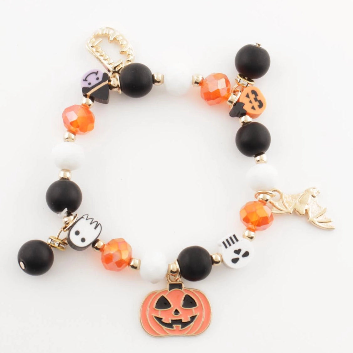 Spooky Halloween Beaded Charm Bracelet – Jack-o'-Lantern, Ghost & Bat Holiday Jewelry (CB2708)