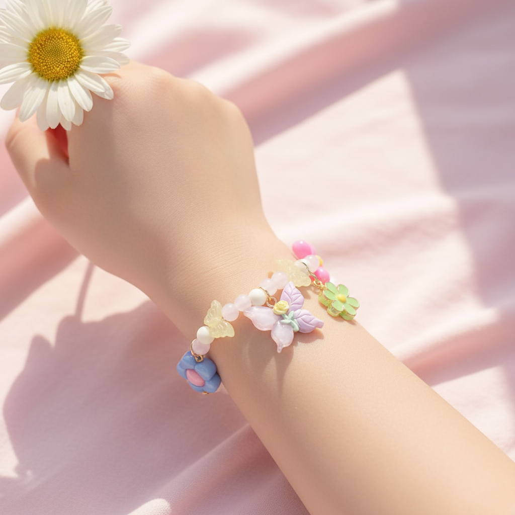 Kids’ Butterfly & Flower Beaded Bracelet Set – Colorful Elastic Charm Jewelry for Girls (CB2726)