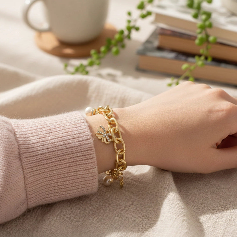 Chic Gold & Silver Charm Bracelet – Butterfly, Heart, and Pearl Accents (CB2754)
