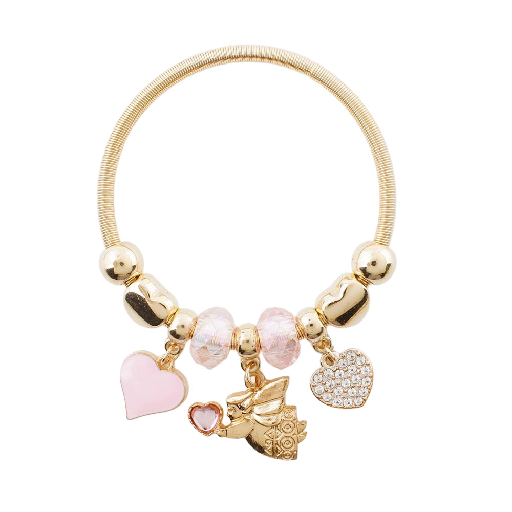 Angel Charm Bracelet - Gold & Silver Flexible Coil Bangle with Crystal & Enamel Heart Charms (CB2854)