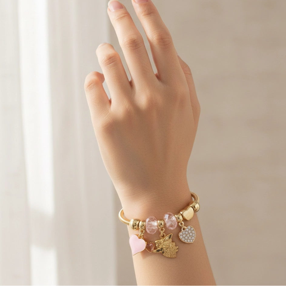 Angel Charm Bracelet - Gold & Silver Flexible Coil Bangle with Crystal & Enamel Heart Charms (CB2854)