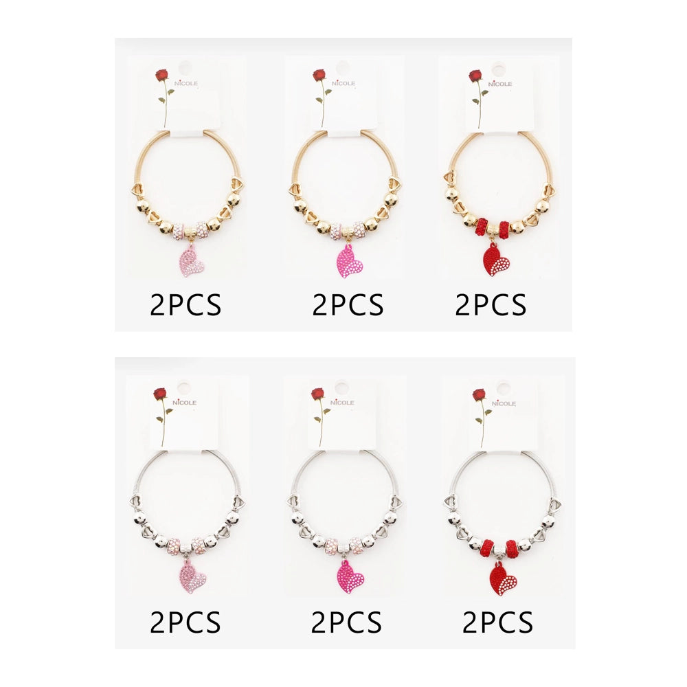 Heart Charm Bracelet – Flexible Gold or Silver Tone Coiled Band with Sparkling Rhinestone Accents (CB2855)