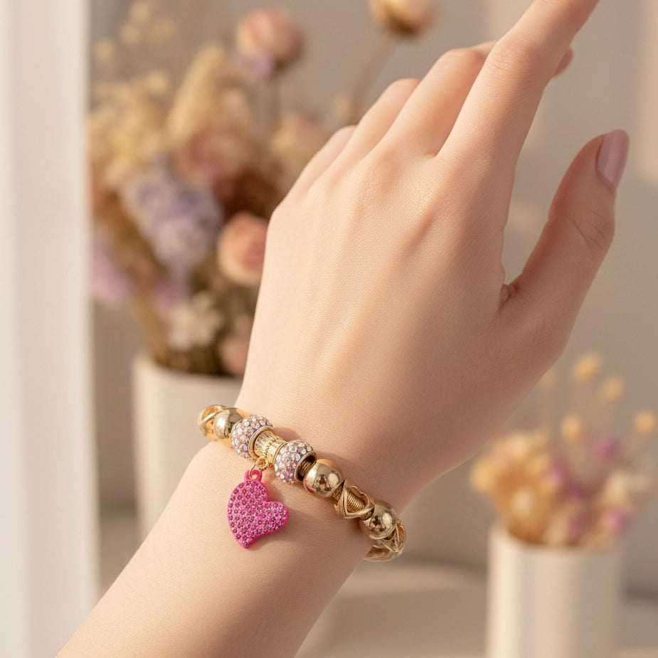 Heart Charm Bracelet – Flexible Gold or Silver Tone Coiled Band with Sparkling Rhinestone Accents (CB2855)