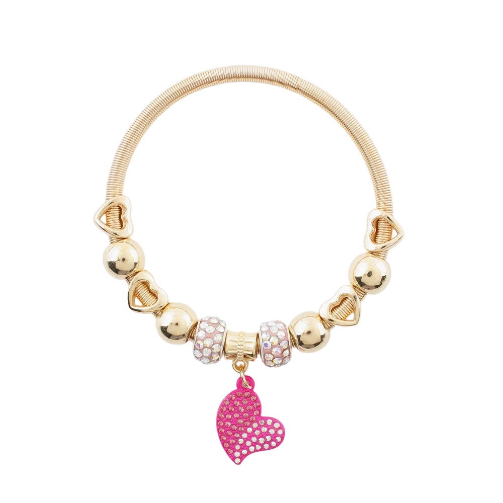 Heart Charm Bracelet – Flexible Gold or Silver Tone Coiled Band with Sparkling Rhinestone Accents (CB2855)