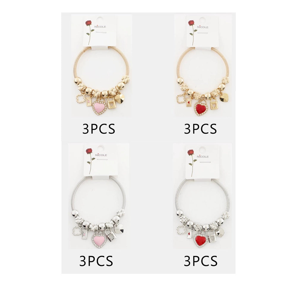 Heart Charm Bracelet - Gold & Silver Tone Multi-Charm Jewelry Set with Red & Pink Enamel Hearts