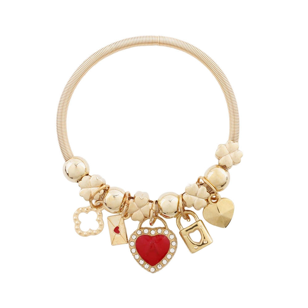 Heart Charm Bracelet - Gold & Silver Tone Multi-Charm Jewelry Set with Red & Pink Enamel Hearts