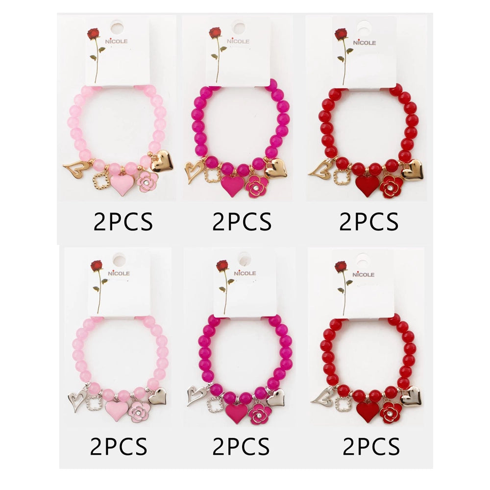 Beaded Charm Bracelet for Women - Catena Design Heart & Rose Enamel Dangle Charms - Elastic Stretch Jewelry Gift