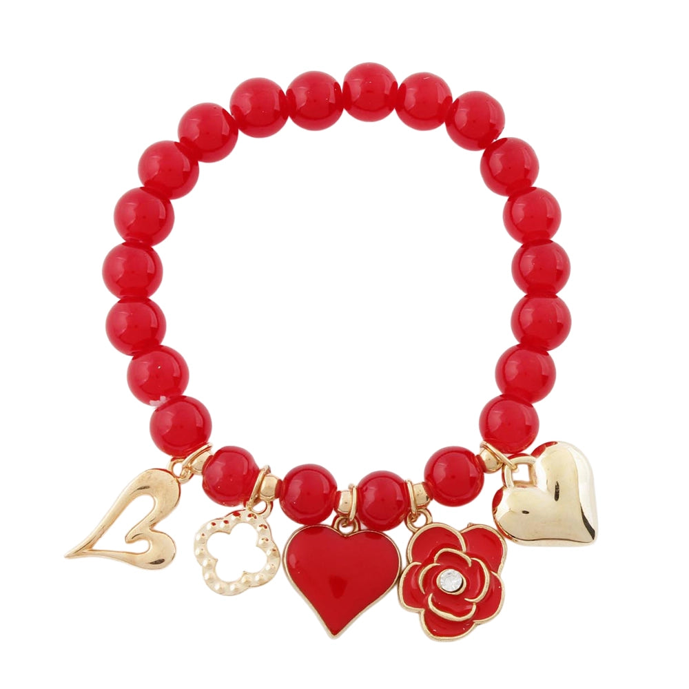 Beaded Charm Bracelet for Women - Catena Design Heart & Rose Enamel Dangle Charms - Elastic Stretch Jewelry Gift