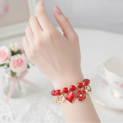 Beaded Charm Bracelet for Women - Catena Design Heart & Rose Enamel Dangle Charms - Elastic Stretch Jewelry Gift