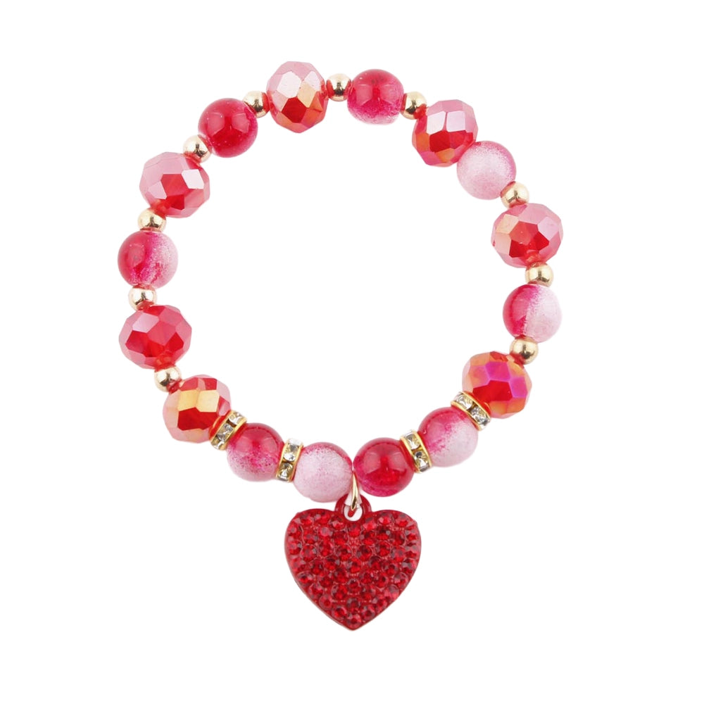 Beaded Heart Charm Bracelet Set, Faceted Crystal & Rhinestone Stretch Jewelry for Women & Girls