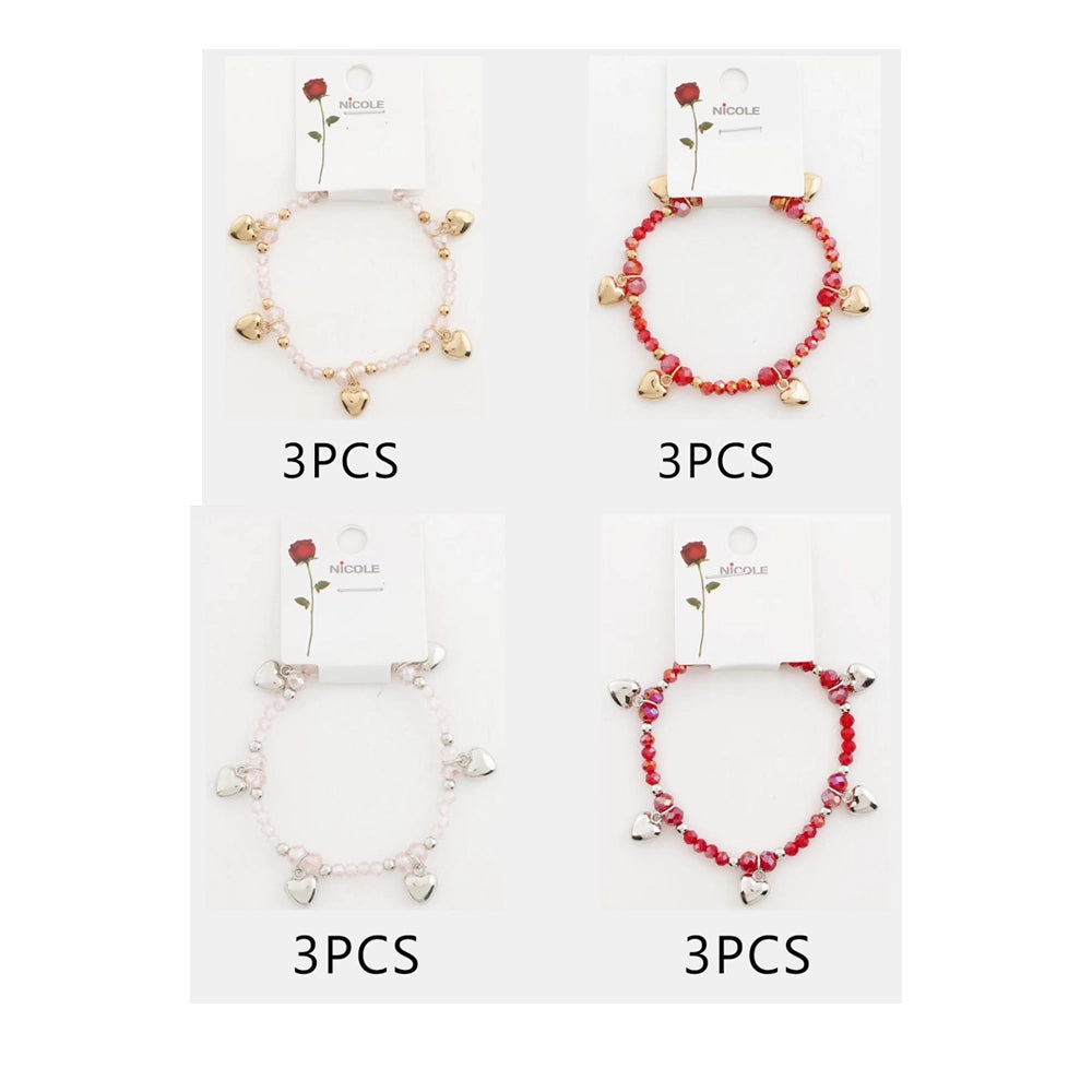 Beaded Heart Charm Bracelet - Faceted Crystal Stretch Jewelry (CB2868)