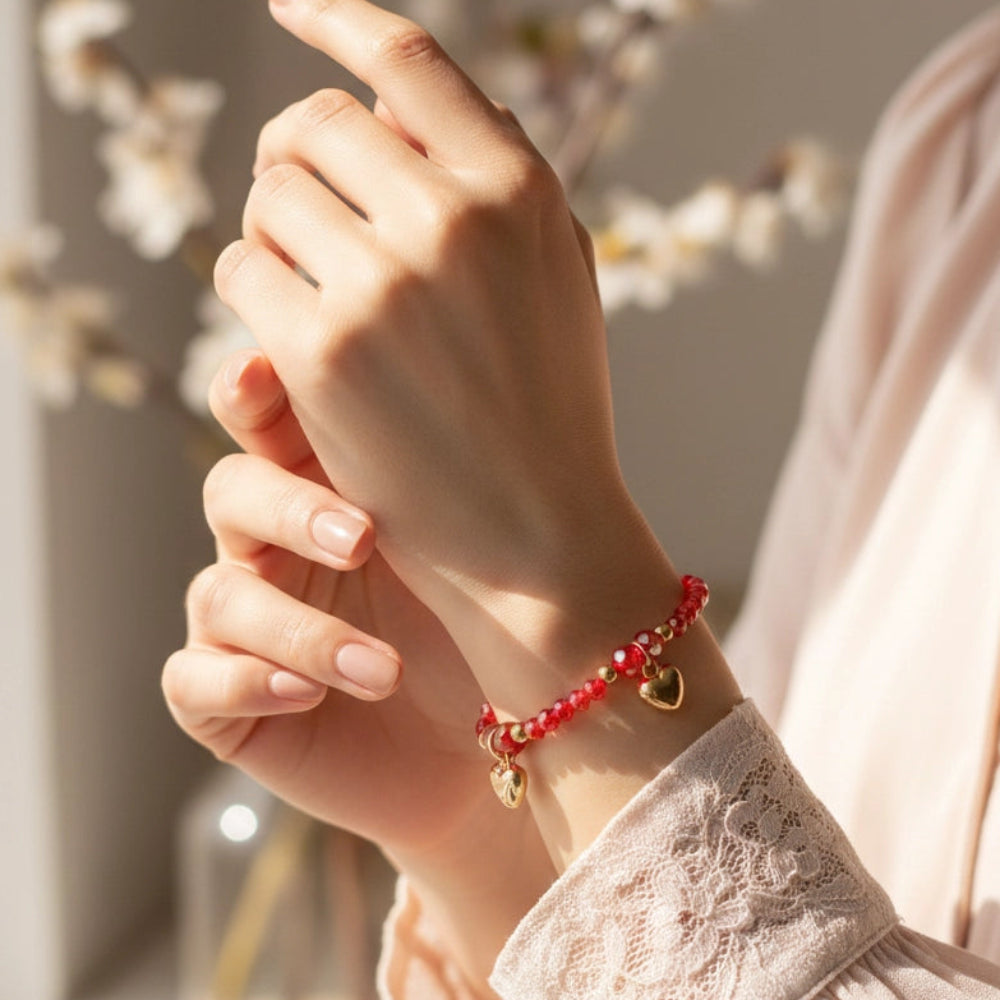 Beaded Heart Charm Bracelet - Faceted Crystal Stretch Jewelry (CB2868)