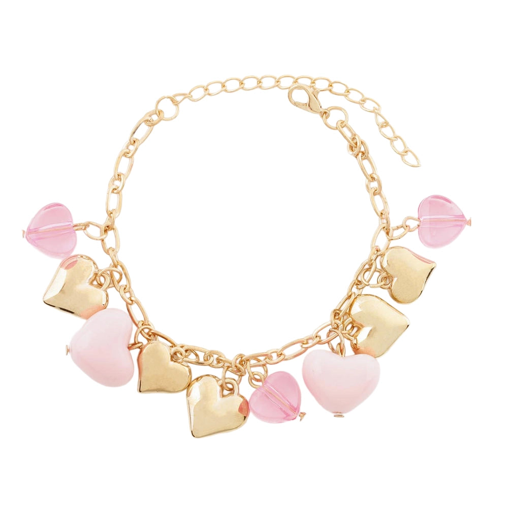 Heart Charm Link Bracelet – Multi-Texture Heart Dangle Jewelry