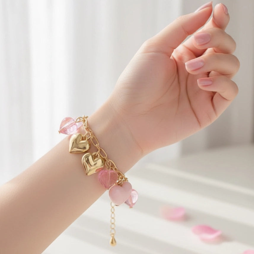 Heart Charm Link Bracelet – Multi-Texture Heart Dangle Jewelry