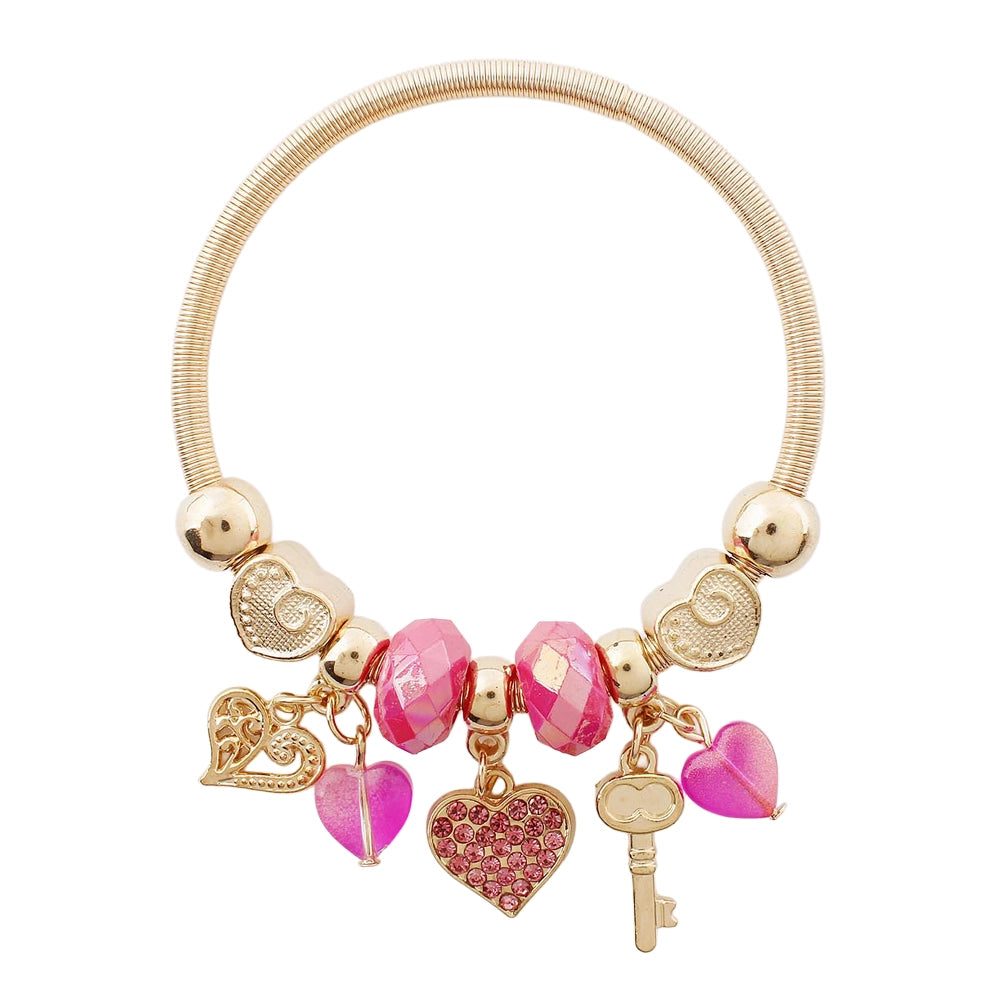 Heart & Key Charm Bracelet Set – Expandable Gold & Silver Tone Coil Jewelry
