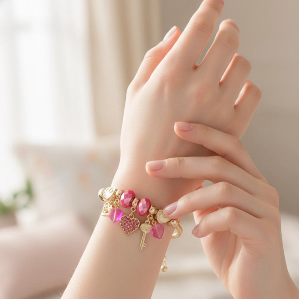 Heart & Key Charm Bracelet Set – Expandable Gold & Silver Tone Coil Jewelry